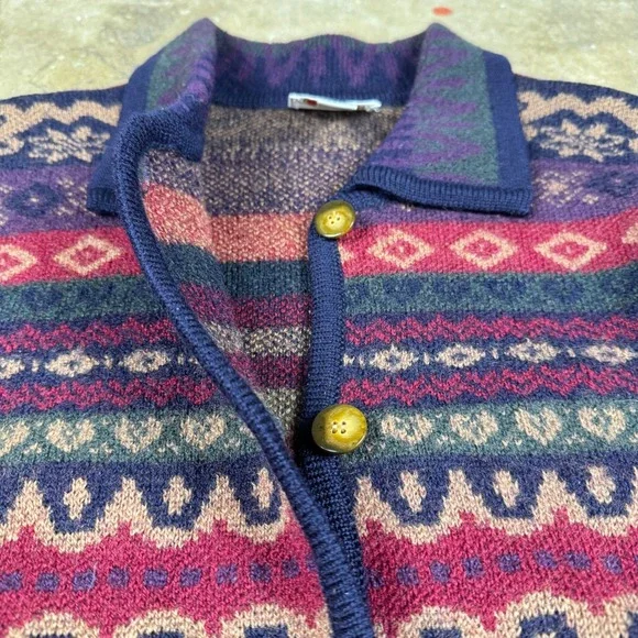 Vtg Talbots Wool Cardigan Womens L Multi Color Fair Isle Button Sweater 80s 90s - Picture 2 of 9